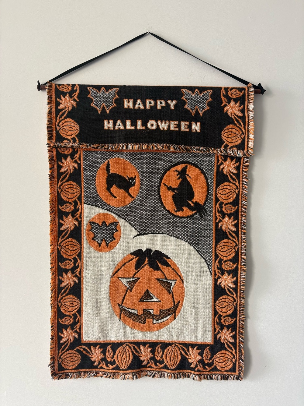 Vintage WTC 90’s Happy Halloween Wall Hanging Orange & Black Tapestry